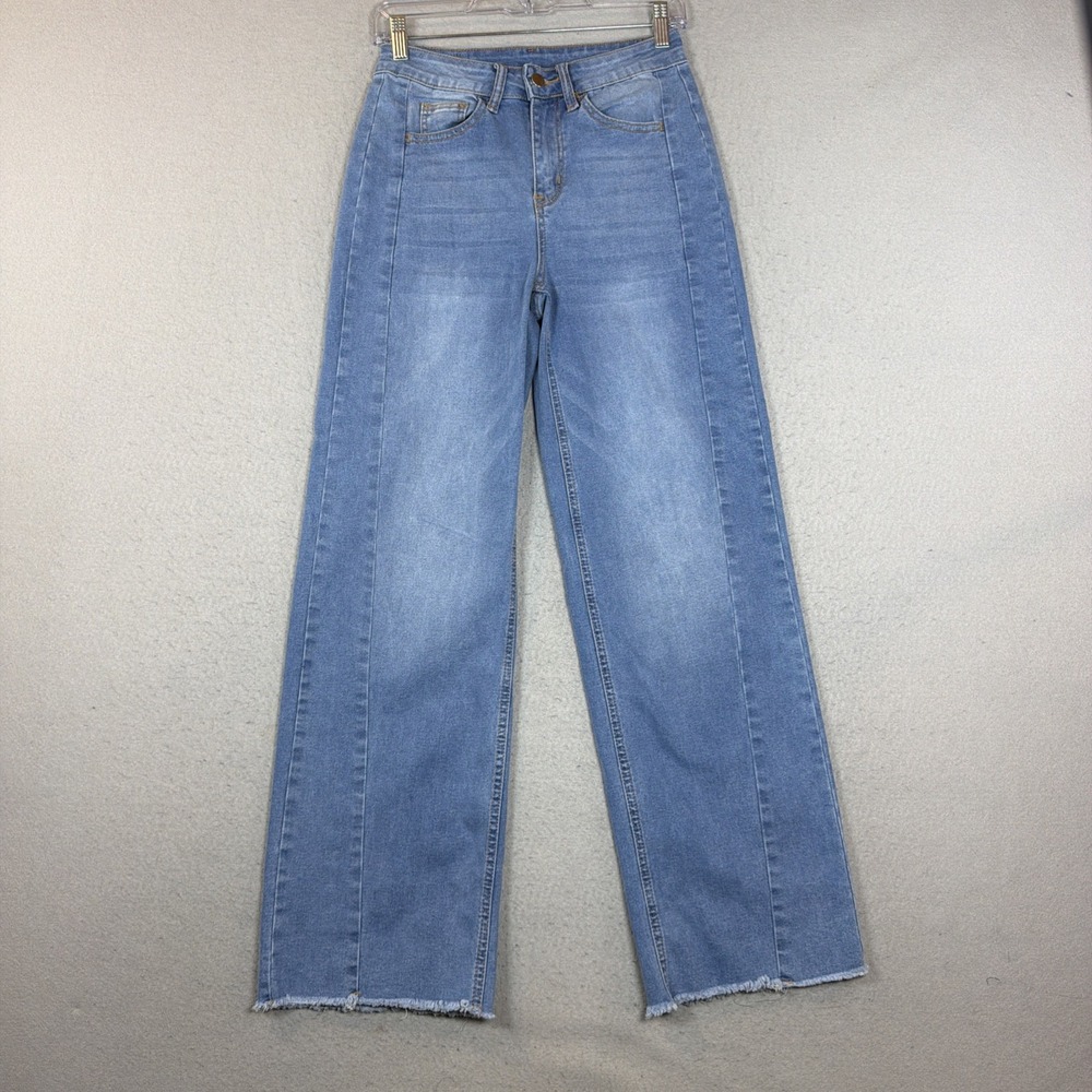 Sidefeel Jeans Women's Size 4 Wide Leg High Rise Strech Denim Blue Raw Hem